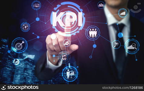 KPI Key Performance Indicator for Business Concept - Modern graphic interface showing symbols of job target evaluation and analytical numbers for marketing KPI management.