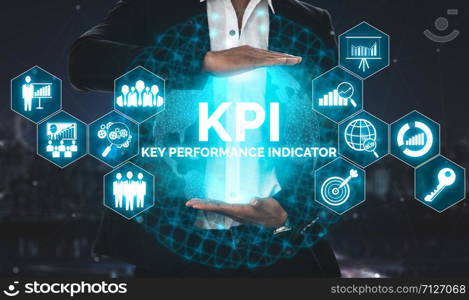 KPI Key Performance Indicator for Business Concept - Modern graphic interface showing symbols of job target evaluation and analytical numbers for marketing KPI management.