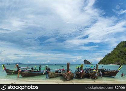 KRABI,THAILAND - MAY 7, 2016  Tourists enjoying the beautiful miracle beach   crystal clear water at Koh Kai, Koh Tub   Koh Mor, Krabi, Thaiand.
