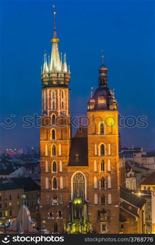 Krakow old city at night St. Mary&rsquo;s Church at night. Krakow Poland.