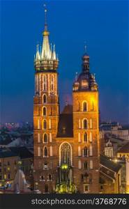 Krakow old city at night St. Mary&rsquo;s Church at night. Krakow Poland.
