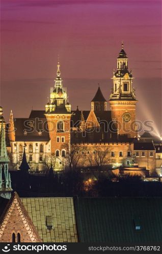 Krakow old city at night. Wawel Castle and Wistula. Krakow Poland. Beautiful sunset
