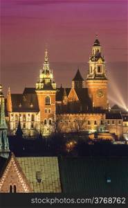 Krakow old city at night. Wawel Castle and Wistula. Krakow Poland. Beautiful sunset