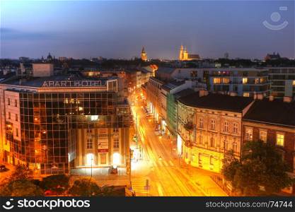KRAKOW - POLAND, JUL 8: Skyline of main area in Krakow, Old Town, Poland in sunset, on July 8, 2017.