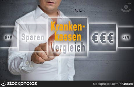 Krankenkassen (in german Health insurance) comparison concept background is shown by man.. Krankenkassen (in german Health insurance) comparison concept background is shown by man