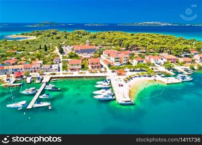 Krapanj island aerial panoramic view, sea sponge harvesting village, Sibenik archipelago of Croatia