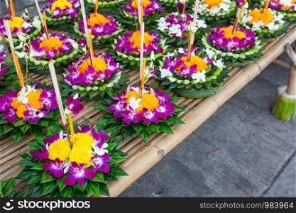 Kratong of floating basket by banana leaf for Loy Kratong Festival or Thai New Year and river goddess worship ceremony,the full moon of the 12th month Be famous festival of Thailand.
