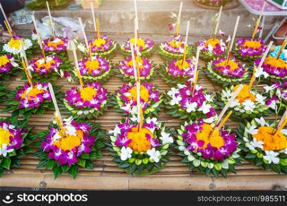 Kratong of floating basket by banana leaf for Loy Kratong Festival or Thai New Year and river goddess worship ceremony,the full moon of the 12th month Be famous festival of Thailand.