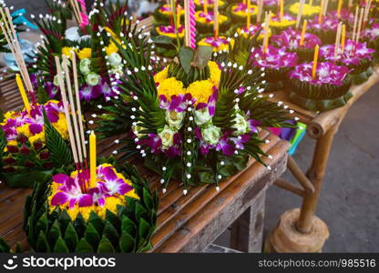 Kratong of floating basket by banana leaf for Loy Kratong Festival or Thai New Year and river goddess worship ceremony,the full moon of the 12th month Be famous festival of Thailand.