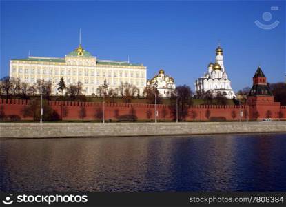 Kremlim palace and red walls on the river, Moscow