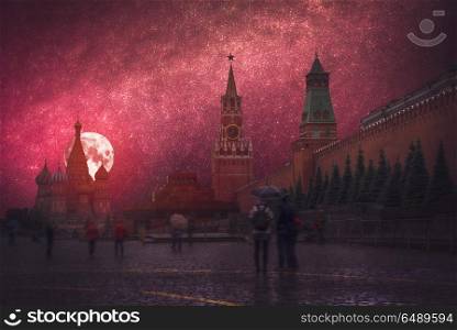 Kremlin - a fortress in the center of Moscow.At night the moon and stars shine.. Kremlin