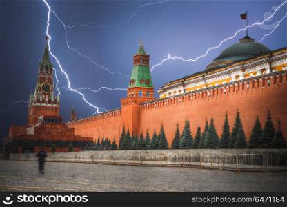 Kremlin - a fortress in the center of Moscow . Powerful lightning strike.. Kremlin. Powerful lightning strike.