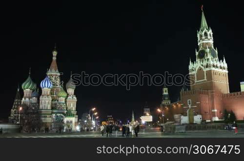 Kremlin and Basil&acute;s cathedral in Red Square in Moscow. Night time lapse.