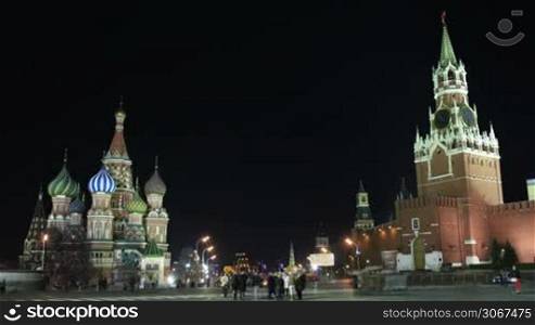 Kremlin and Basil&acute;s cathedral in Red Square in Moscow. Night time lapse.
