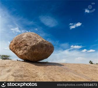 Krishna&rsquo;s butterball - balancing giant natural rock stone. Mahabalipuram, Tamil Nadu, India