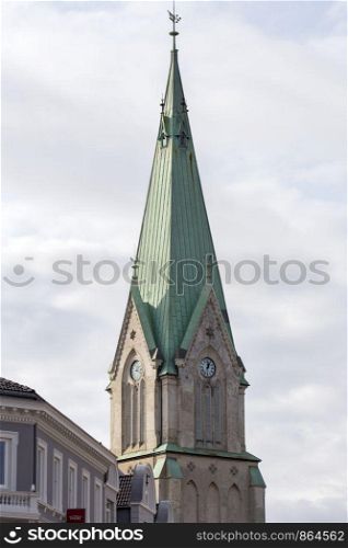 Kristansand, Norway, Domkirke December, 2018: Church in Kristiansand close-up. Kristansand, Norway, Domkirke December, 2018: Church in Kristiansand