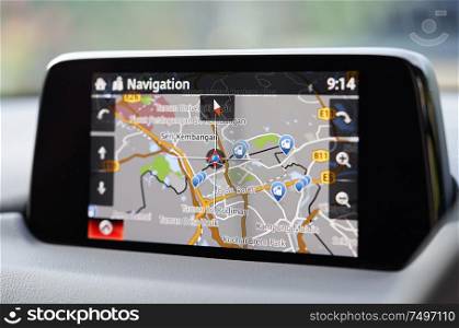 Kuala Lumpur, Malaysia - July 27, 2019: Mazda CX 5 navigation system on interior dashboard screen