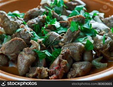 Kuchmachi - traditional Georgian dish of chicken livers, hearts and gizzards with walnuts