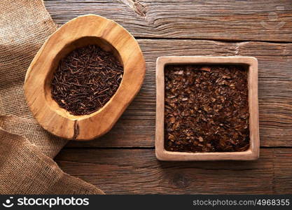 Kukicha and Bancha tea on wooden background table board