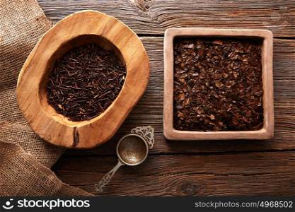 Kukicha and Bancha tea on wooden background table board