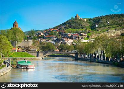 Kura river, Narikala castle, funicular and Old Town of Tbilisi. Georgia