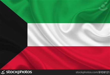 Kuwait country flag on wavy silk fabric background panorama - illustration. Kuwait country flag on wavy silk fabric background panorama