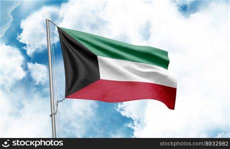 Kuwait flag waving on sky background. 3D Rendering