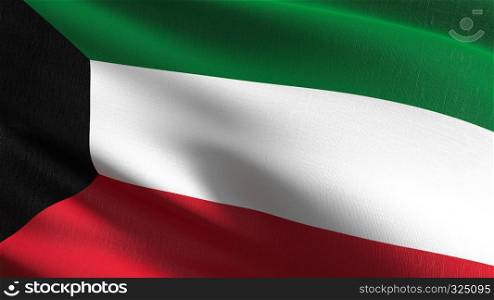 Kuwait national flag blowing in the wind isolated. Official patriotic abstract design. 3D rendering illustration of waving sign symbol.