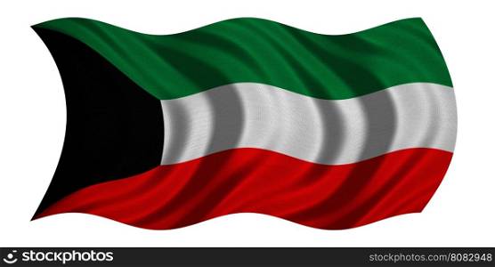 Kuwait national official flag. Patriotic symbol, banner, element, background. Correct colors. Flag of Kuwait with real detailed fabric texture wavy isolated on white 3D illustration