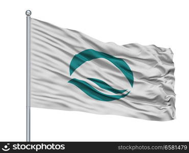 Kuwana City Flag On Flagpole, Country Japan, Mie Prefecture, Isolated On White Background. Kuwana City Flag On Flagpole, Japan, Mie Prefecture, Isolated On White Background