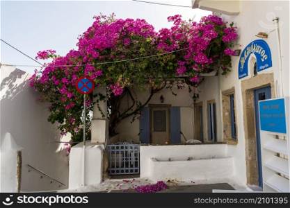 Kythira, Greece - August 26, 2021: Traditional house in the traditional settlement of Chora, the capital of Kythira island, Greece. Typical architecture of whitewashed house blue wooden door and red bougainvillea.. Traditional house in the traditional settlement of Chora, the capital of Kythira island, Greece.