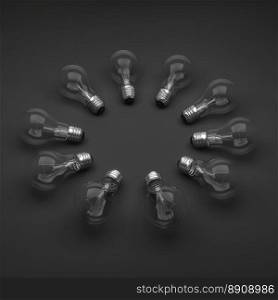 L&bulbs. 3D illustration. Group of l&bulbs circle on black studio background. 3D illustration