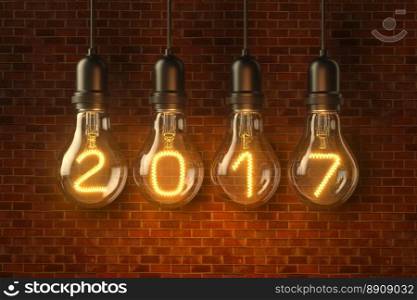 L&light bulbs. 3D illustration. Christmas l&light bulbs Illuminated new year 2017 on brick background. 3D illustration