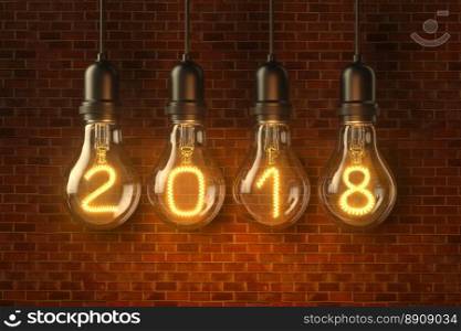 L&light bulbs. 3D illustration. Christmas l&light bulbs Illuminated new year 2018 on brick background. 3D illustration