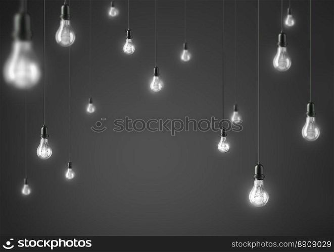 L&light bulbs. 3D illustration. Garland of group l&light bulbs Illuminated on grey background. 3D illustration