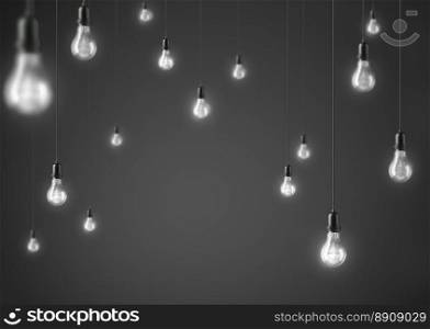 L&light bulbs. 3D illustration. Garland of group l&light bulbs Illuminated on grey background. 3D illustration