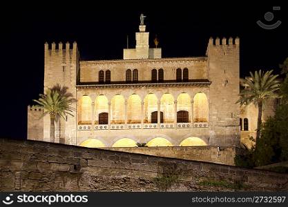 La Almudaina Palacio Real Palace in Palma de Mallorca night view at Balearic islands