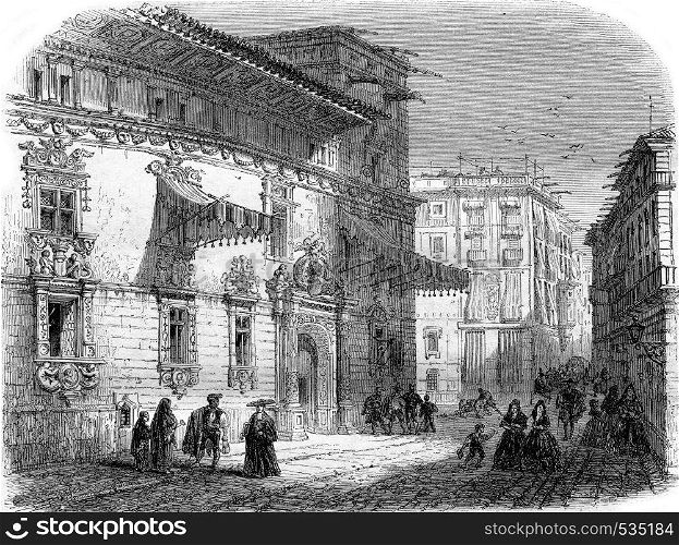 La Casa de Gralla on the Place de Courcelles, in Barcelona, vintage engraved illustration. Magasin Pittoresque 1857.