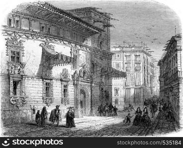 La Casa de Gralla on the Place de Courcelles, in Barcelona, vintage engraved illustration. Magasin Pittoresque 1857.