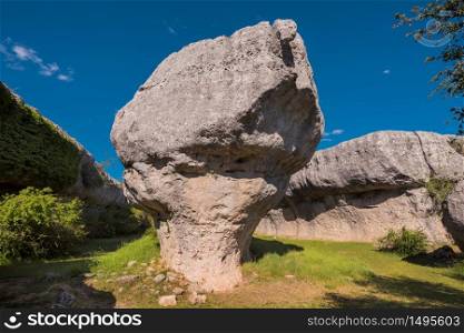 La Ciudad encantada. The enchanted city natural park, group of crapicious forms limestone rocks in Cuenca, Spain.