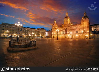 La Coruna City town hall sunset in Maria Pita Square of Galicia Spain