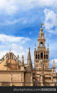 La Giralda bell tower and dome of the Seville Cathedral in Spain, Andalusia region.