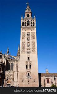 La Giralda, bell tower of the Seville Cathedral in Spain, Almohad and Renaissance architectural styles.