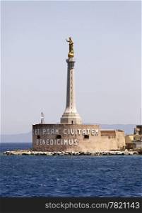 "La Madonna Della Lettera is a 20 ft high golden statue on a tall pedestal that watches over the main harbor of Messina on the island of Sicily in Italy. The Latin inscription translates to "We Bless You And Your City"."