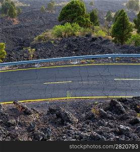 La Palma road detail in volcanic lava landscape at Canary Islands