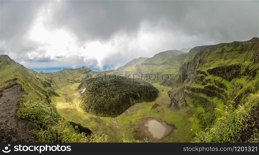 La Soufriere volcano crater panorama with tuff cone hidden in green, Saint Vincent and the Grenadines