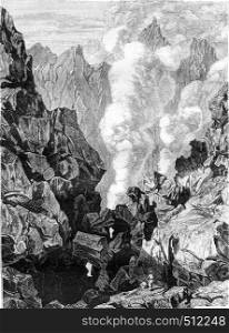 La Soufriere volcano in Guadeloupe, vintage engraved illustration. Magasin Pittoresque 1843.