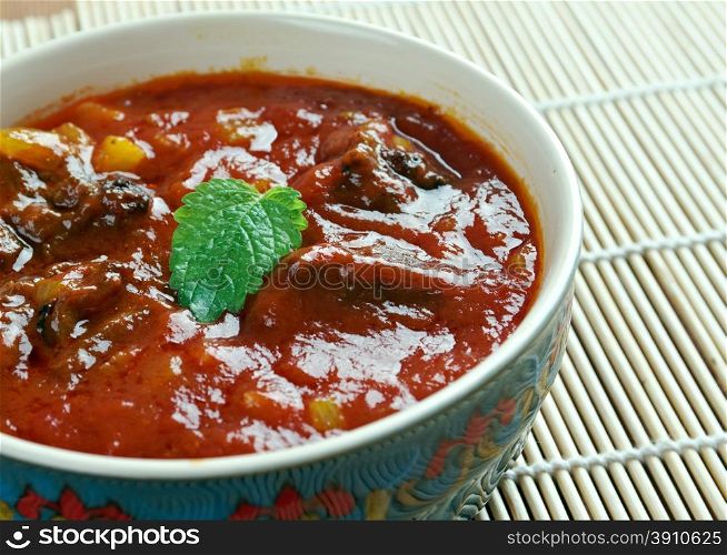 Laal maans - meat curry from Rajasthan, India. mutton curry prepared in a sauce of curd and hot spices such as red chillies