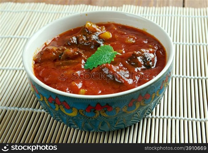 Laal maans - meat curry from Rajasthan, India. mutton curry prepared in a sauce of curd and hot spices such as red chillies