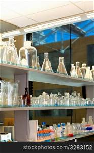 Lab bench with glass beakers and flasks.